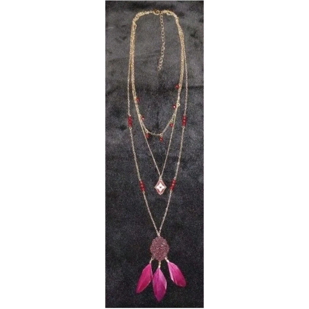 Gold Steel Chains Pendant Beads Feathers 4-Pointed Cross Star Statement Necklace
